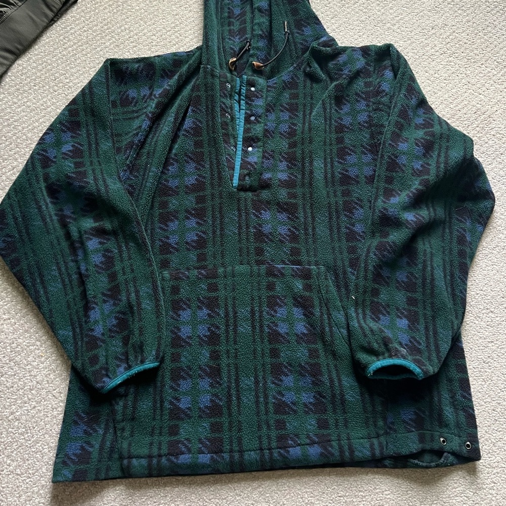 Vintage LL Bean 1/4 Snap Fleece Pullover Jacket Hood Plaid Green - Women’s Large